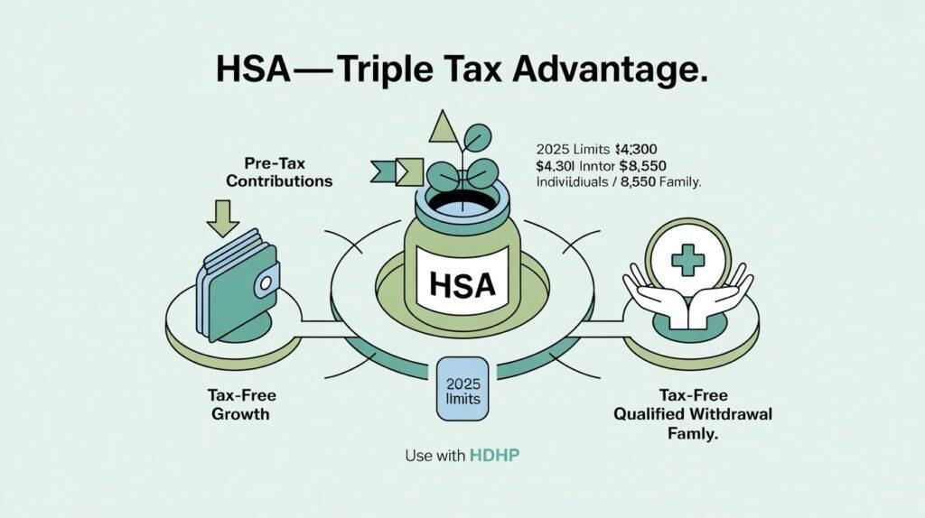 HSA infographic showing pre-tax contributions, tax-free growth, and tax-free qualified withdrawals