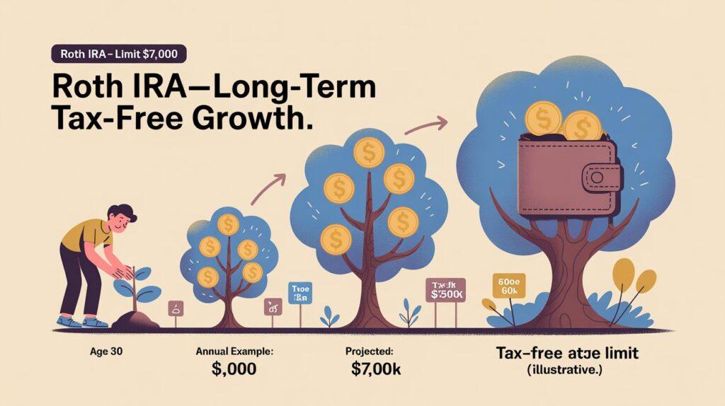 Roth IRA timeline illustration showing contributions growing tax-free from age 30 to 65.